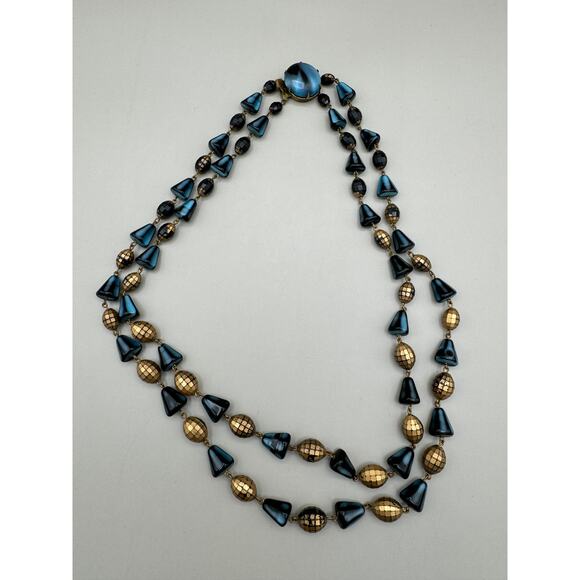 Vintage West Germany Two Strand Gold and Blue Bead Necklace - Picture 3 of 13